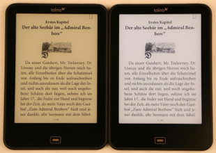 E-Book-Reader mit aus- und eingeschalteter Beleuchtung im Vergleich